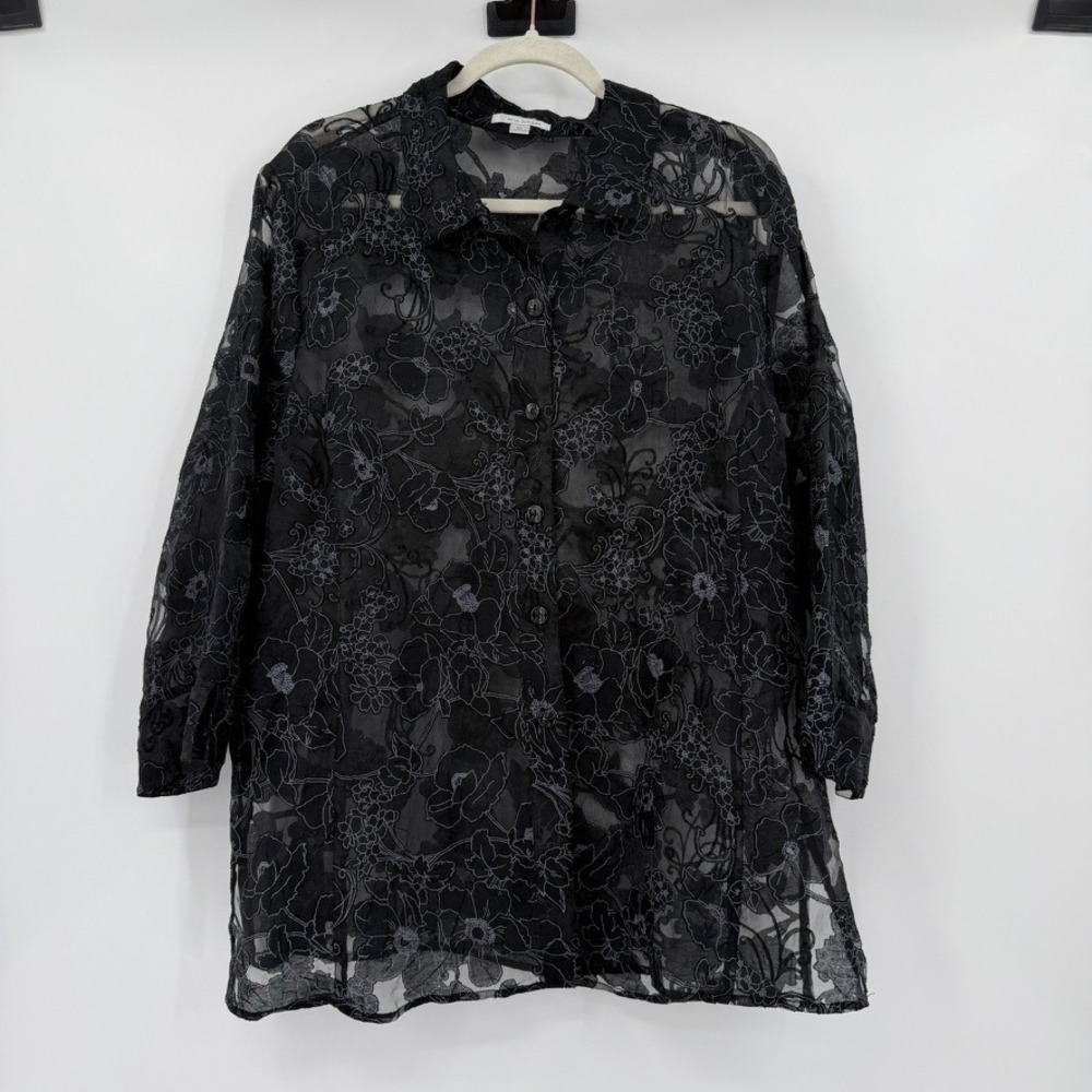 Erin London Black Floral Sheer‎ Button Up Tunic Top Size XL
